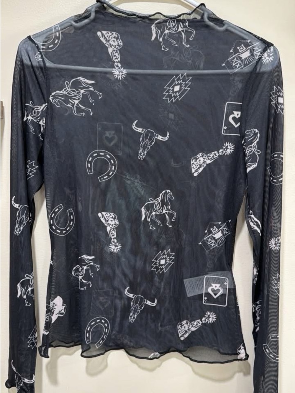 SHEIN Black Sheer Long-Sleeve Western Print Top